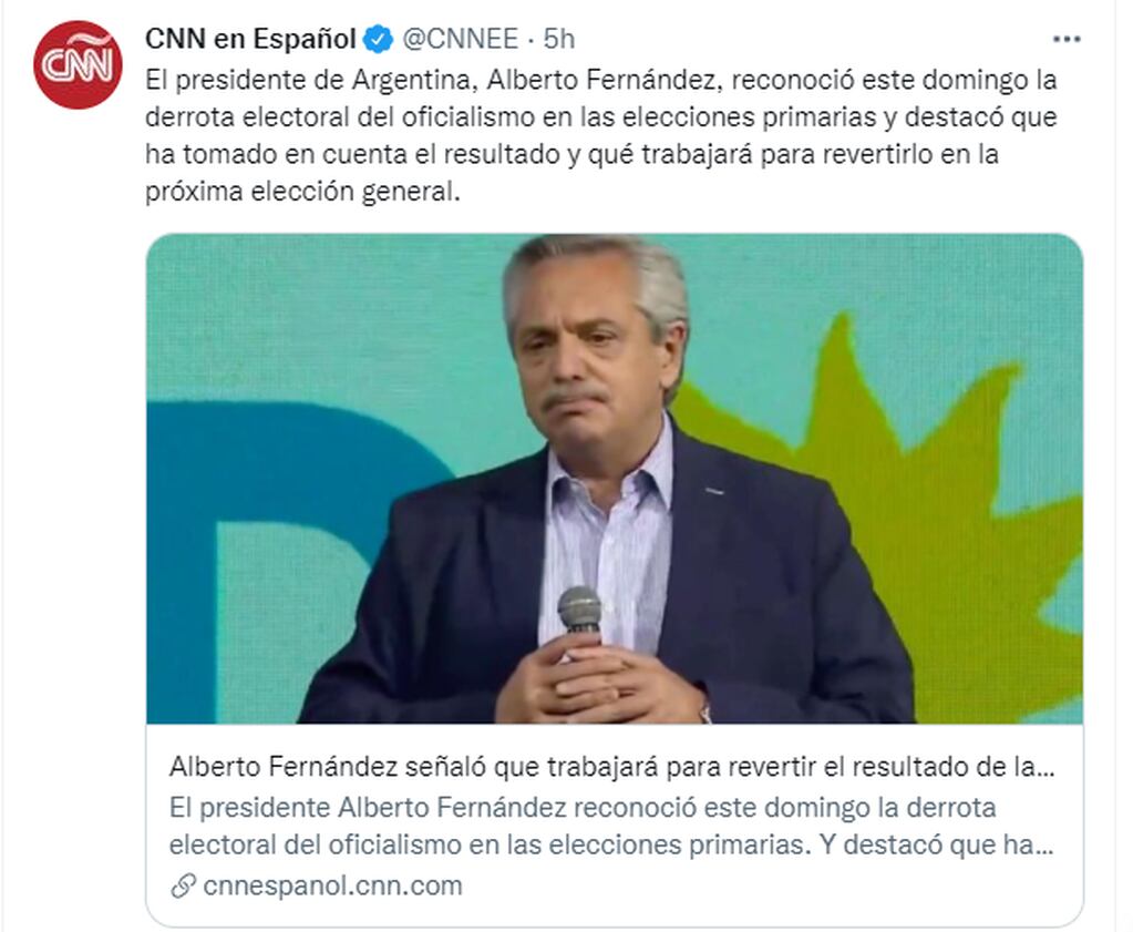 La CNN en español tuiteó los resultados de las elecciones PASO de este domingo 12 de septiembre.