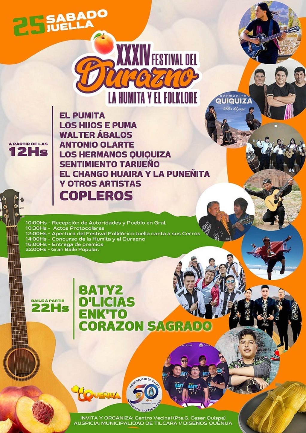 La cartelera artística y el programa oficial del 34.to Festival del Durazno, la Humita y el Folclore, de Juella (Tilcara).