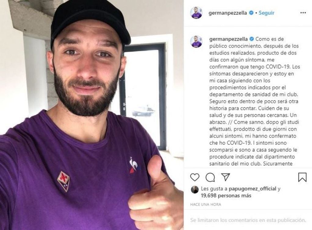 Germán Pezzella señaló que está en su casa y sin síntomas del coronavirus