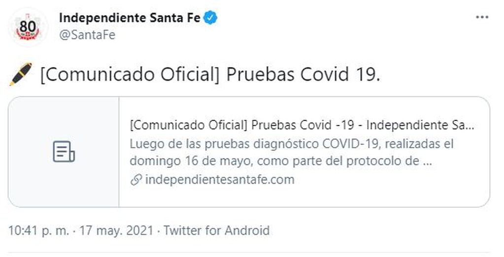 Comunicado de Independiente Santa Fe sobre los cinco casos positivos de coronavirus, antes de enfrentar a River por la Copa Libertadores.