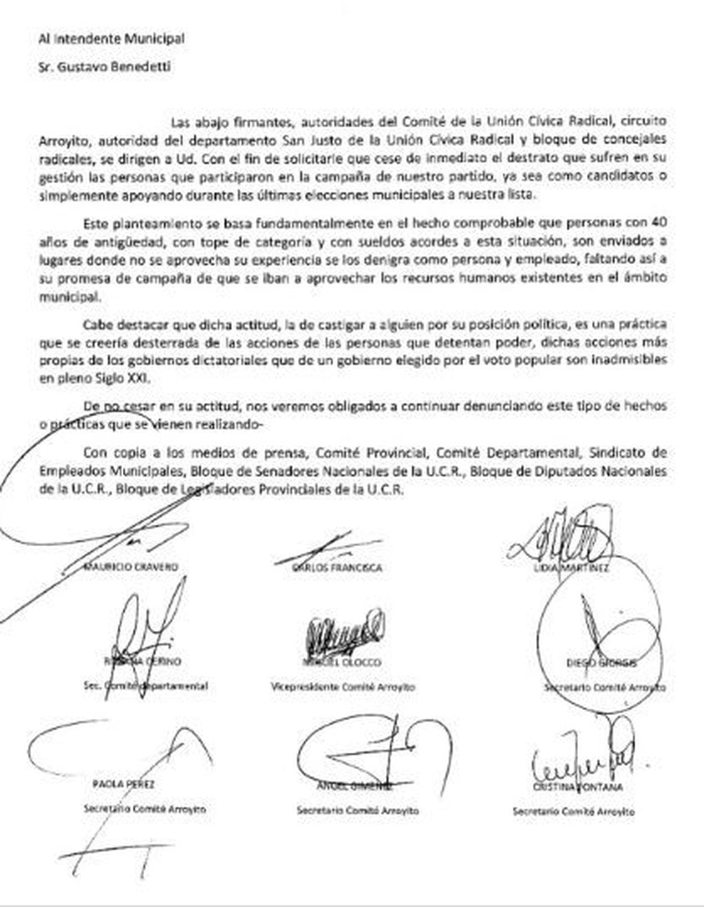 Carta enviada por el Comite UCR al intendente Gustavo Benedetti