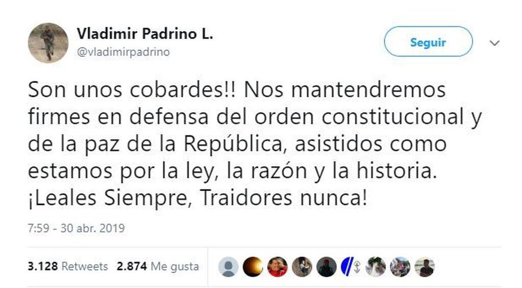 El ministro de Defensa de Venezuela, Vladimir Padrino, dijo que los cuarteles del país están funcionando con "normalidad" y rechazó el pronunciamiento "golpista" de Guaidó.