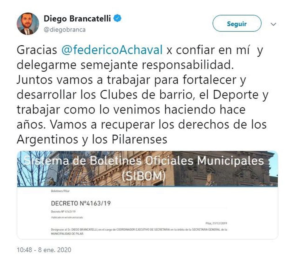 El mensaje de Diego Brancatelli en Twitter.