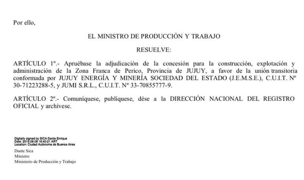 La resolución del Ministerio de Producción y Trabajo de la Nación, referida a la Zona Franca de Perico.