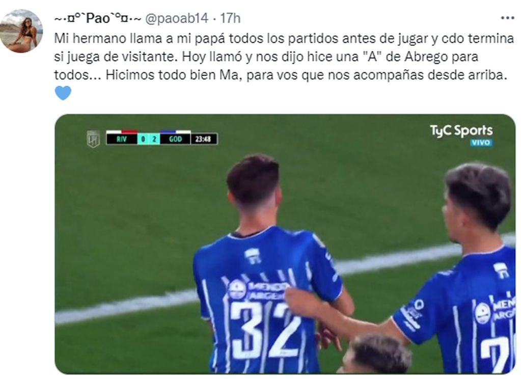 Paola Abrego publicó en las redes sociales la dedicatoria de su hermano Gonzalo luego de convertir el segundo gol de Godoy Cruz ante River Plate.