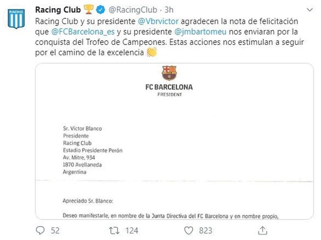 Barcelona felicitó a Racing por la conquista del Trofeo de Campeones. (Twitter/@RacingClub)