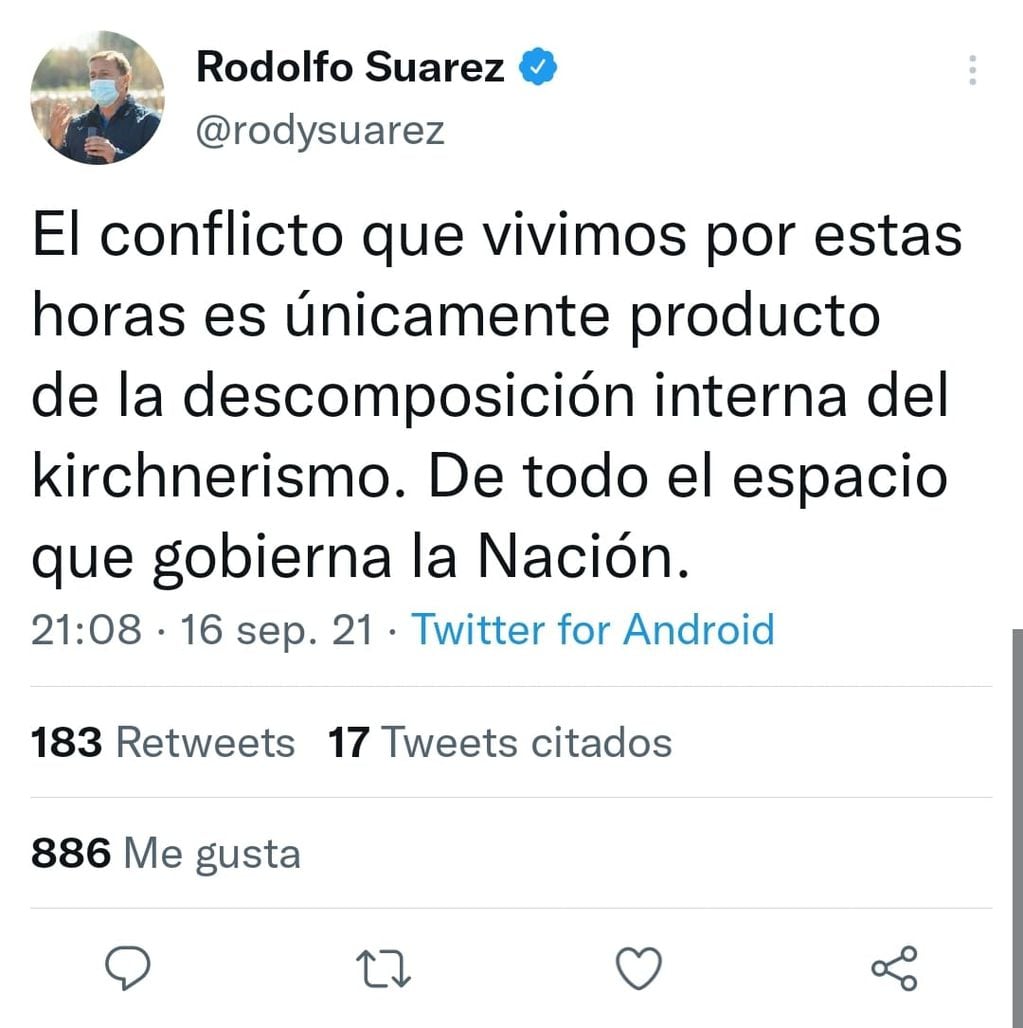 Rodolfo Suarez apuntó contra el Gobierno Nacional.