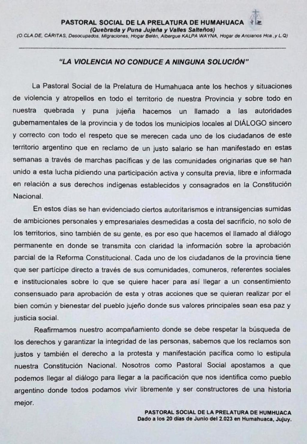 El documento difundido por la Pastoral Social de la prelatura de Humahuaca, con motivo de los graves sucesos producidos este martes en Jujuy.
