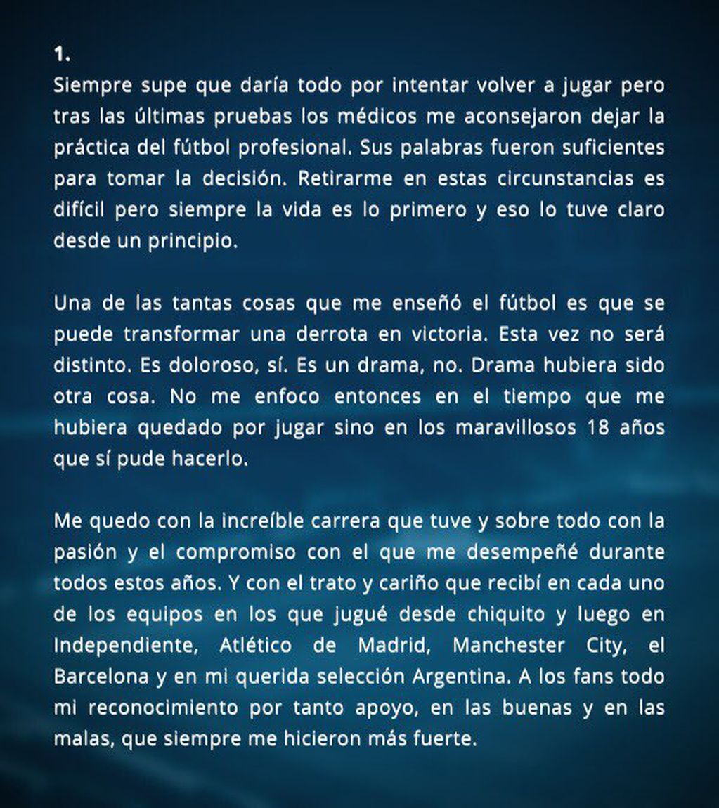 La carta que escribió el Kun Agüero en sus redes. (Foto: Twitter)