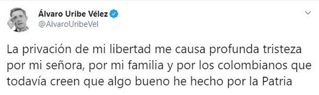 El mensaje de Álvaro Uribe. (Twitter)