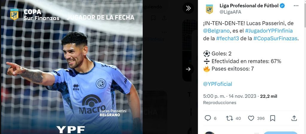 La Liga Profesional de Fútbol eligió a Lucas Passerini, goleador de Belgrano, como el mejor jugador de la fecha 13 de la Copa de la Liga