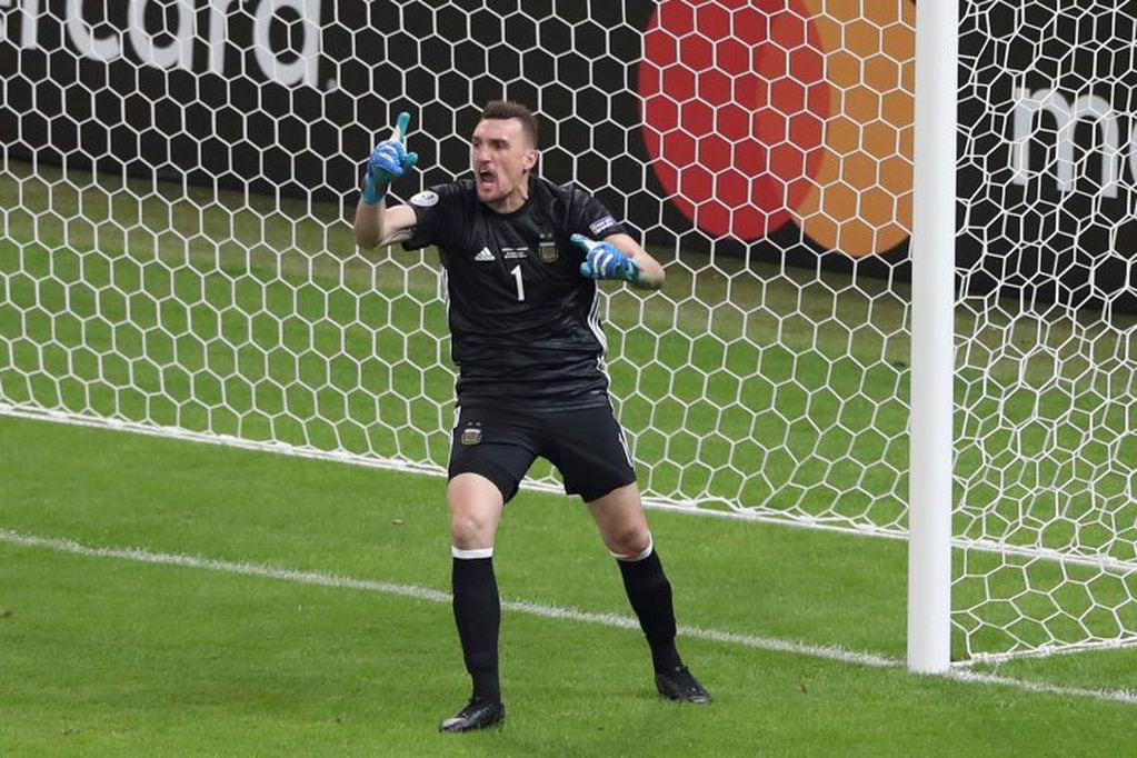 Argentina's goalkeeper Franco Armani reacts after he made a save during a Copa America Group B soccer match against Paraguay at Mineirao stadium in Belo Horizonte, Brazil, Wednesday, June 19, 2019. (AP Photo/Ricardo Mazalan)