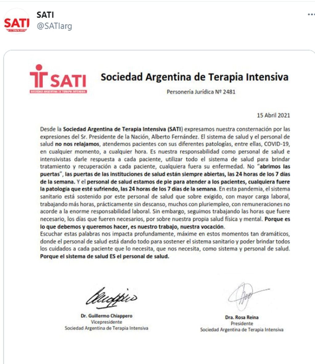 Comunicado de la Sociedad Argentina de Terapia Intensiva (SATI).
