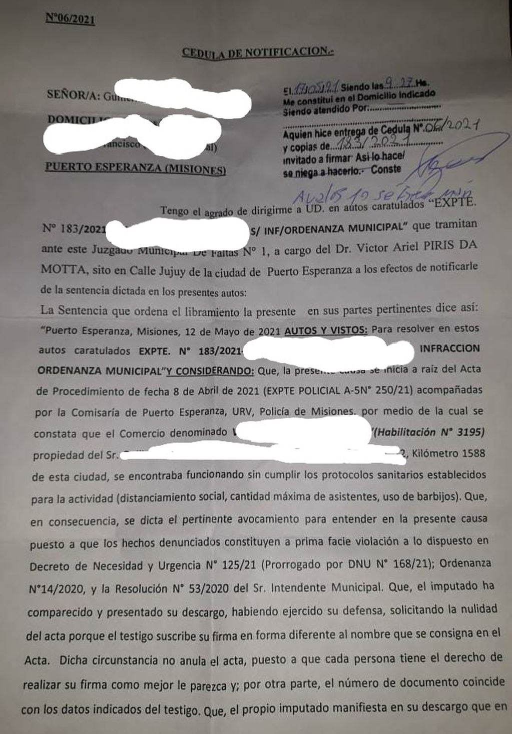 Acta elaborado por el Tribunal de Falta de Puerto Esperanza.