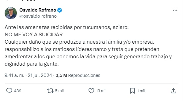 El mensaje que Osvalo Rofrano había dejado en Twitter cinco días antes de ser encontrado muerto
