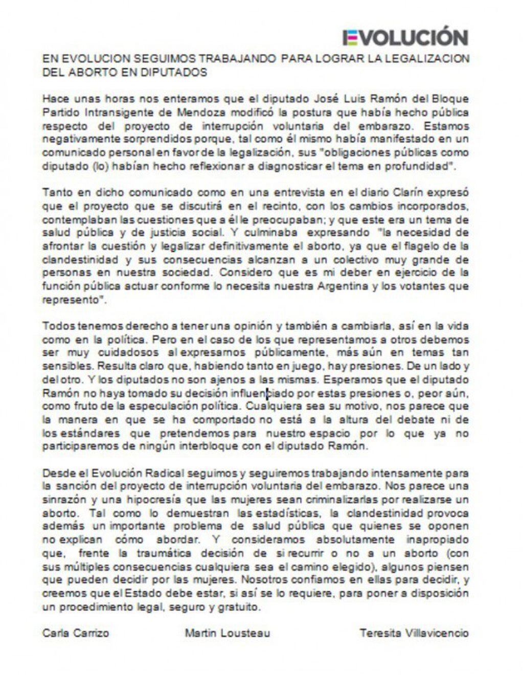 El comunicado que emitió ayer el interbloque de Loustou, donde oficializa la expulsión del mendocino Ramón.
