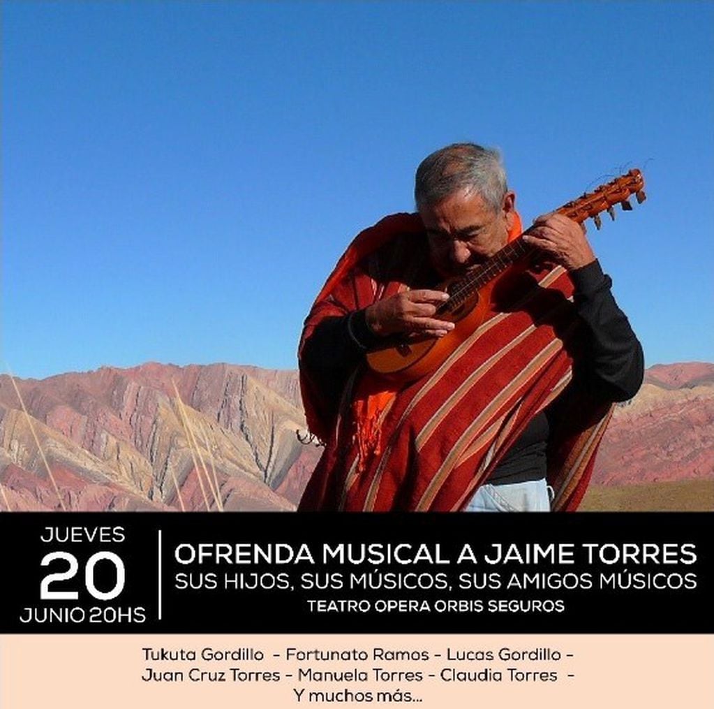 Ilustración que anuncia el homenaje al charanguista Jaime Torres, con la participación de músicos jujeños.