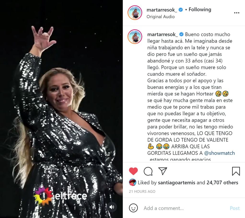 La comediante habló en su Instagram sobre el desafío y logro que significa llegar a Showmatch.