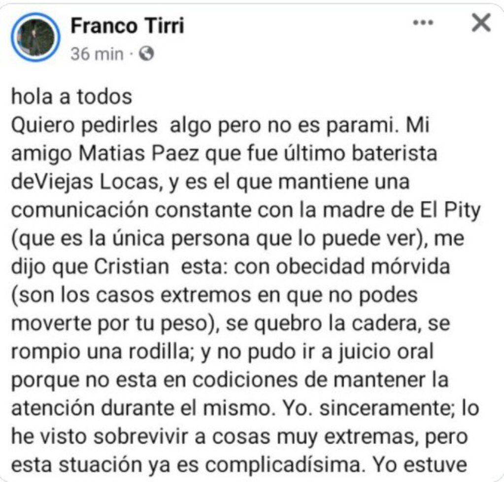 Franco Tirri habló sobre la salud de Pity Álvarez: dijo que tiene obesidad mórbida, que se quebró la cadera y se rompió una rodilla.