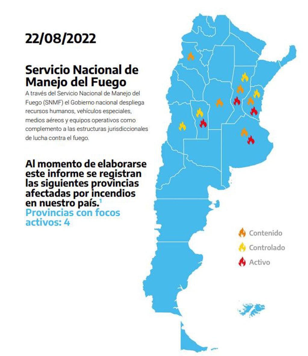 El mapa de incendios en Argentina este 22 de agosto.