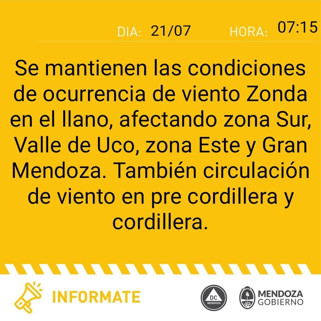 Alerta amarilla por viento Zonda en Mendoza (Defensa Civil)