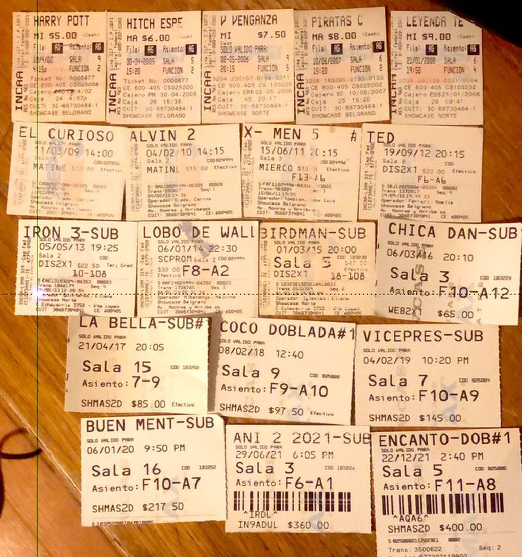 Una usuaria de Twitter compartió una imagen con las entradas al cine de los últimos 20 años.