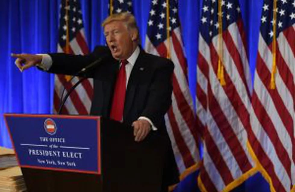 US President-elect Donald Trump speaks during a press conference January 11, 2017 at Trump Tower in New York.nTrump held his first news conference in nearly six months Wednesday, amid explosive allegations over his ties to Russia, a little more than a wee