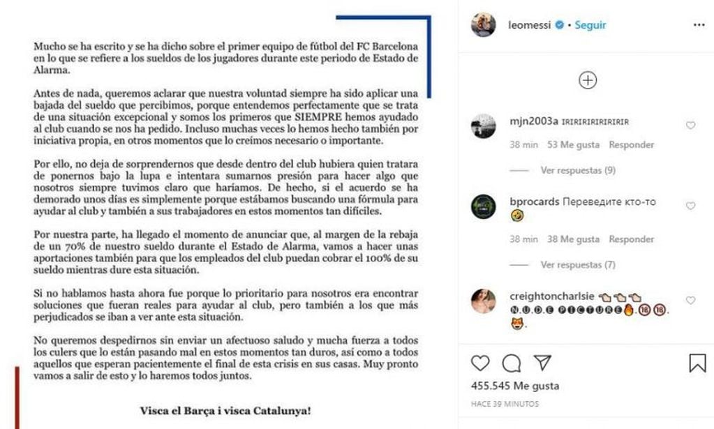 Comunicado que compartio Lionel Messi. (Instagram: @leomessi)