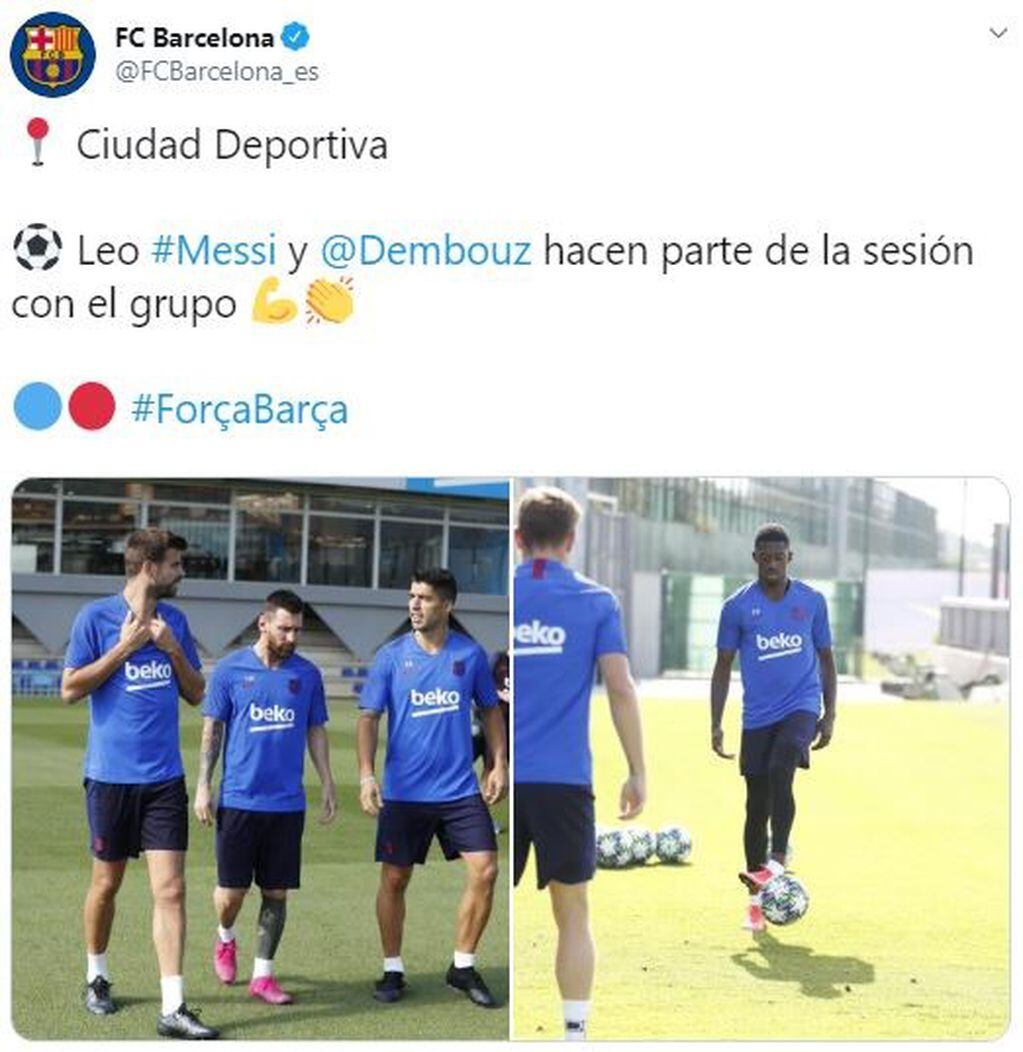 Leo Messi ya entrena a la par de sus compañeros en el Barcelona (Foto: Twitter)