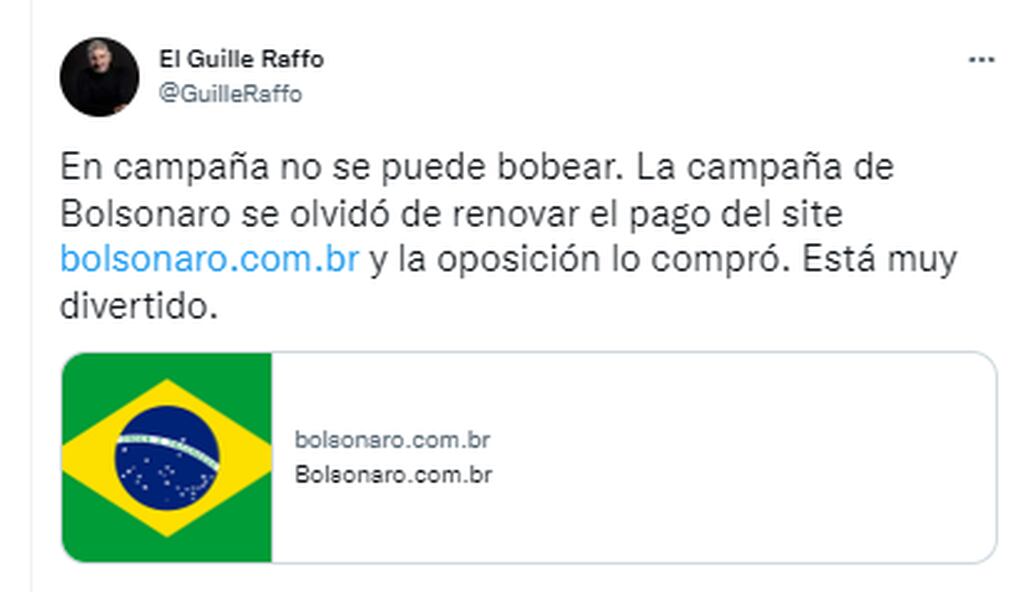 El tuit que da cuenta de lo sucedido en el sitio del presidente de Brasil.