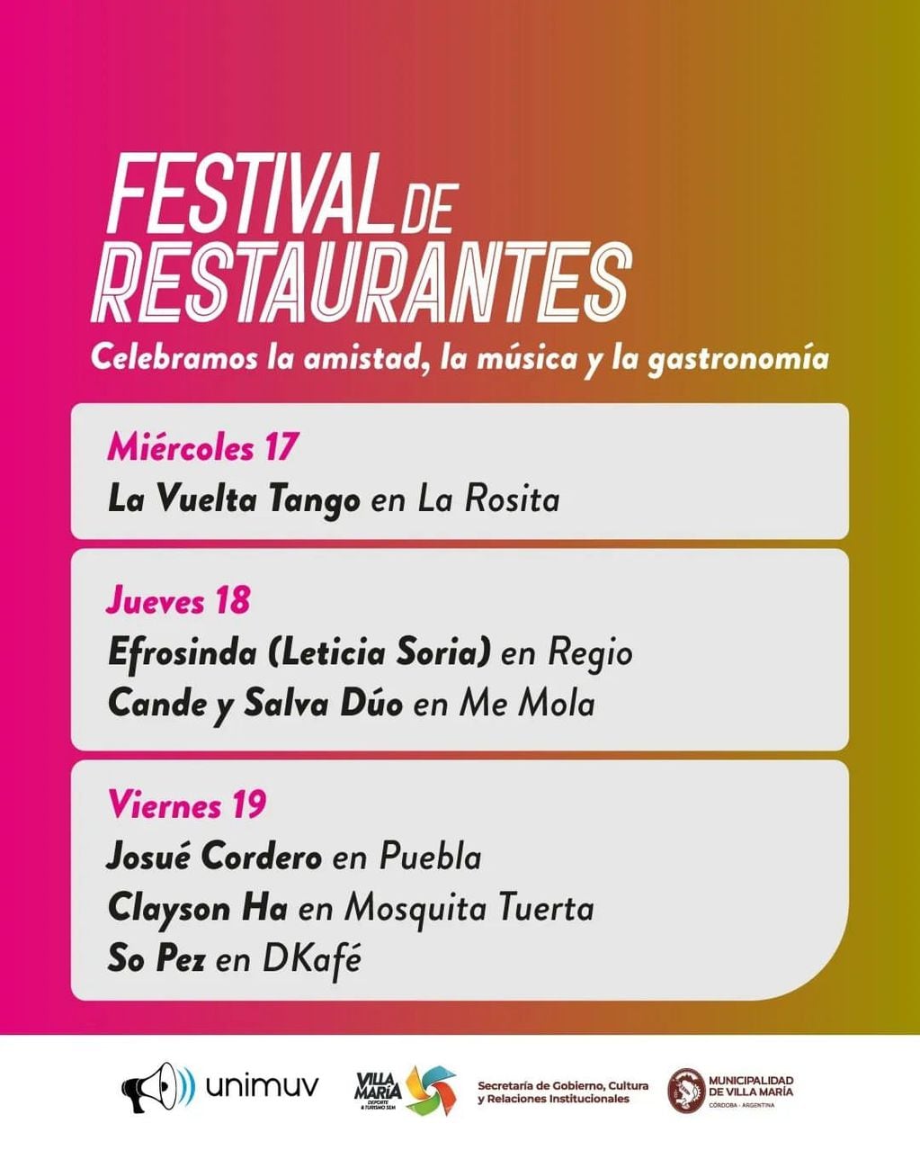 Las actividades para este miércoles, jueves y viernes en el Festival de Restaurantes de Villa María.