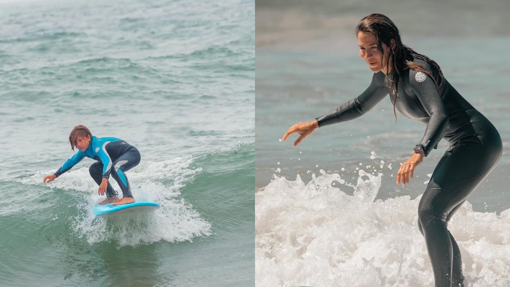 Jimena con su hijo en una escuela de surf.