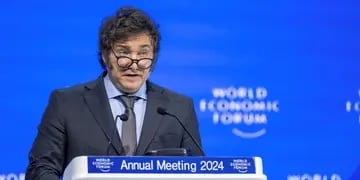El presidente Javier Milei, en su exposición en el Foro Económico de Davos. (Gian Ehrenzeller/Keystone via AP)