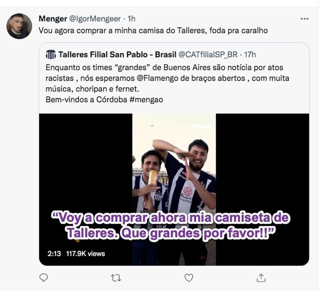 La hinchada de Flamengo elogiando a la de Talleres en redes sociales.