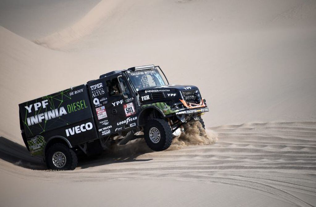 Iveco's Argentine truck driver Federico Villagra, co-driver Ricardo Torlaschi and mechanic Adrian Yacopini compete during the 2018 Dakar Rally Stage 5 between San Juan De Marcona and Arequipa in Peru, on January 10, 2018.
Sebastien Loeb was forced to pull out of the Dakar Rally after a back injury suffered by his co-driver in a disastrous fifth stage won by defending champion Stephane Peterhansel. / AFP PHOTO / Franck FIFE
