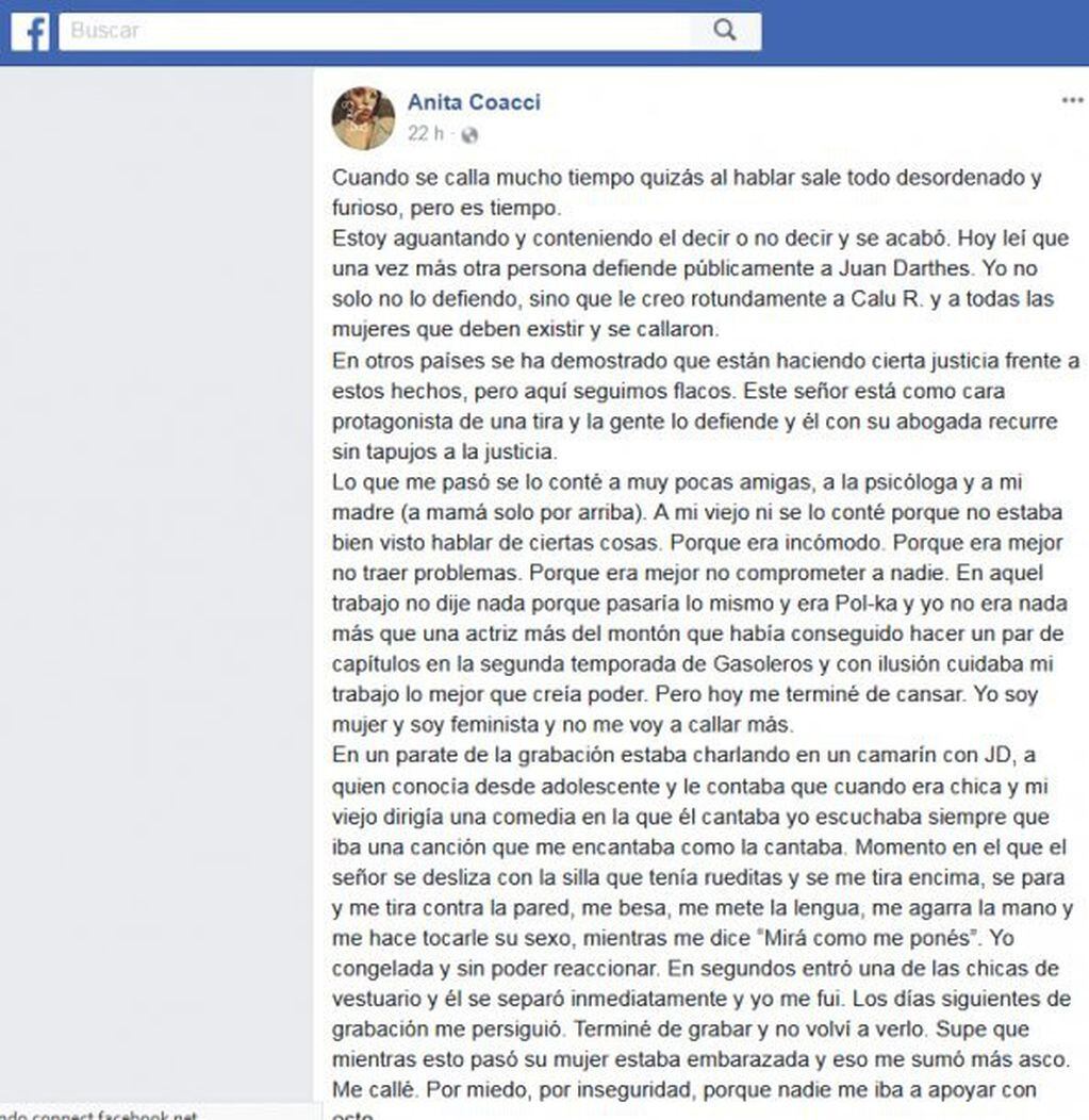 La carta de Anita Coacci contra Darthés que luego fue levantada por Facebook