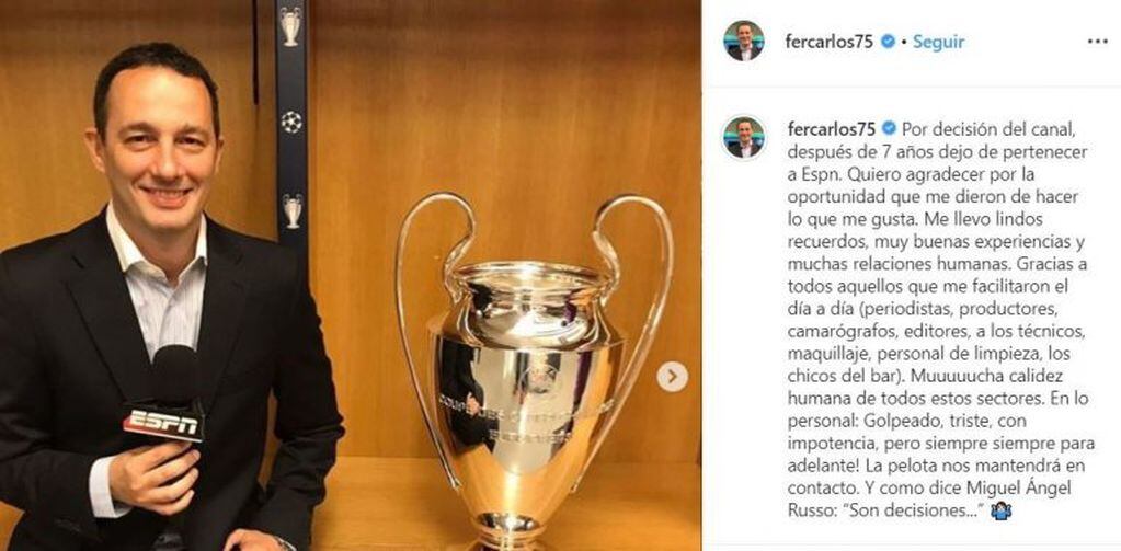 La publicación de Fernando Carlos, quien fue desvinculado de ESPN. (Foto: captura Instagram)