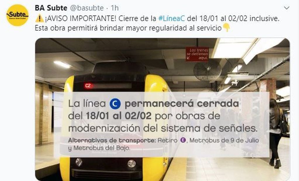 La línea C del Subte estará cerrada entre el 18 de enero y el 2 de febrero. (Twitter @basubte)