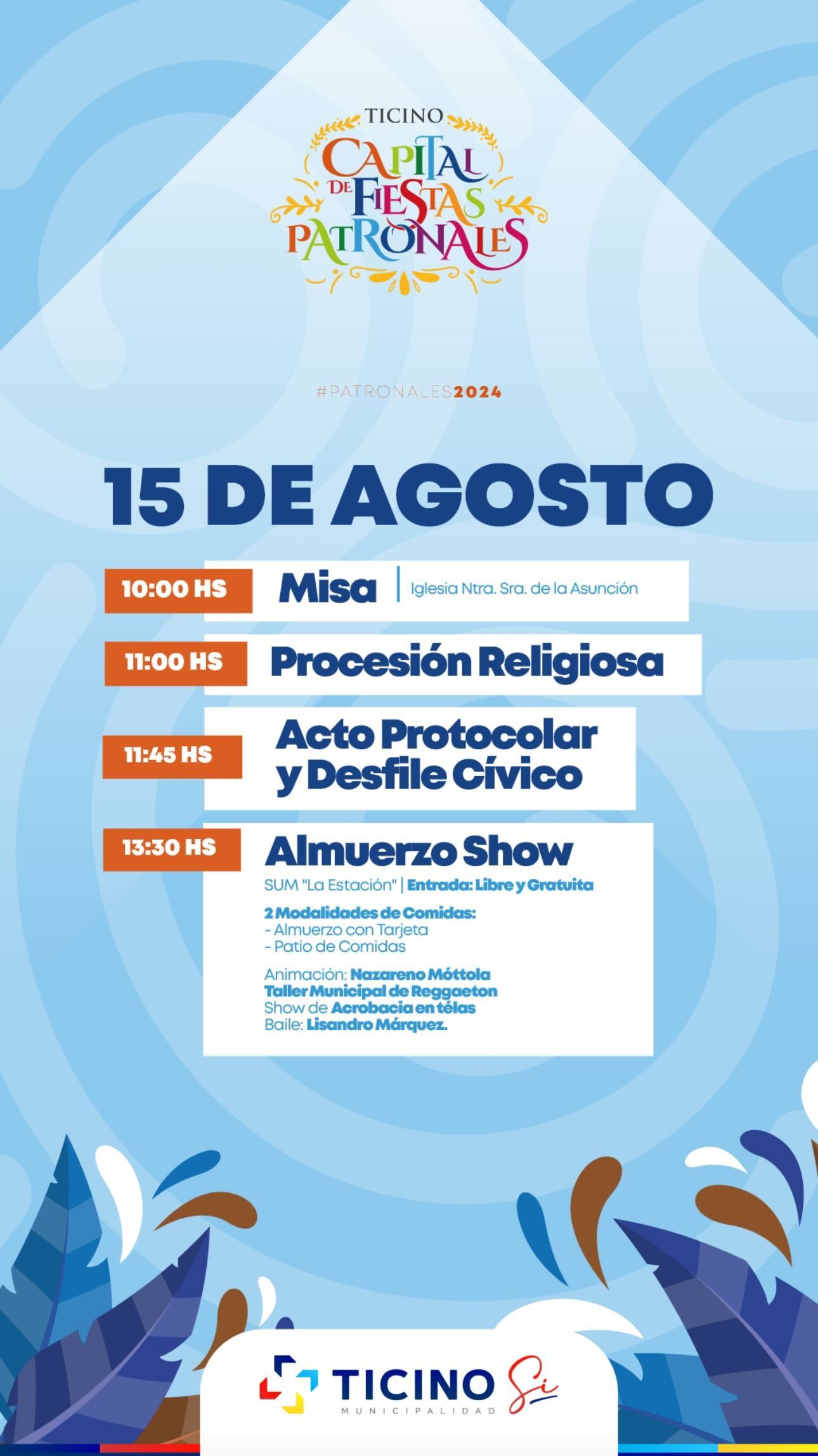 Cronograma de la fiesta patronal de Ticino con entrada gratis y show de Lisandro Márquez.