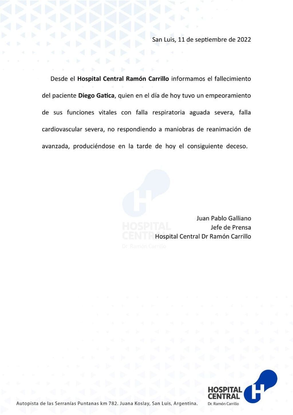 Comunicado del Hospital Ramón Carrillo sobre el deceso de Diego Gatica.
