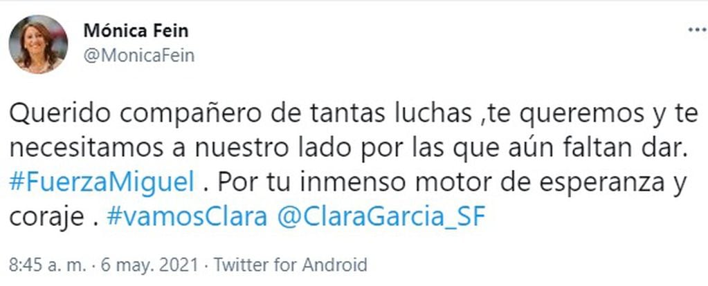 La exintendenta Mónica Fein envió un mensaje público de apoyo a Clara García. (@monicafein)