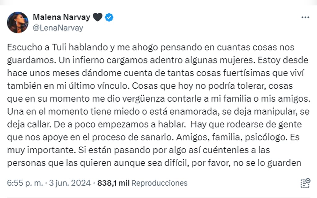 Malena Narvay y su apoyo a Tuli Acosta