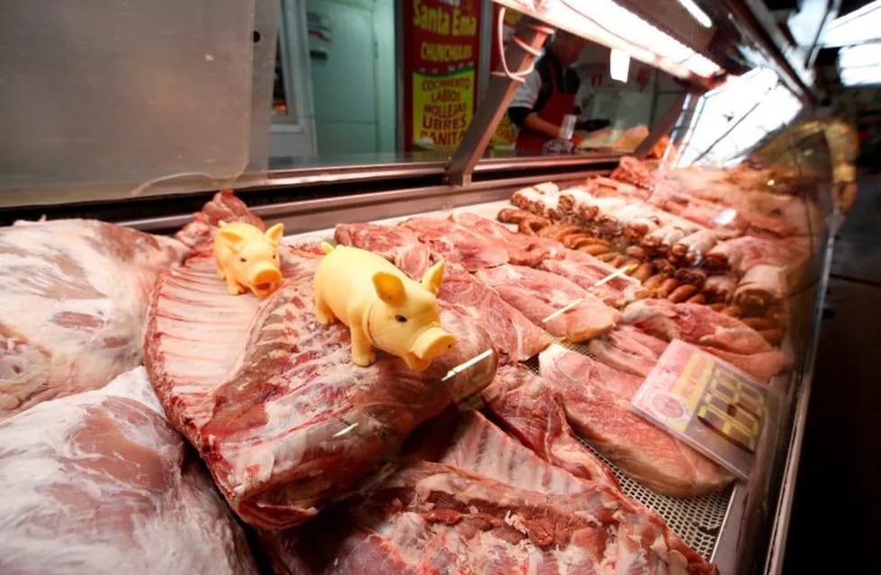 Toy pigs are displayed on pork meat in a market in Santiago, Chile July 25, 2017. REUTERS/Ivan Alvarado santiago de chile  venta carne de cerdo en santiago de chile carne de cerdo carnicerias