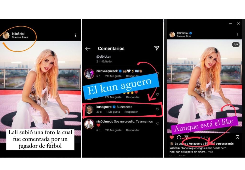 El comentario del Kun Agüero en un post de Lali Espósito: "Bueeeeeeee". (Instagram Juariu)