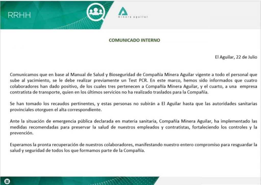 El comunicado emitido por la Minera Aguilar en referencia a los casos positivos de Covid-19 detectados entre su personal.