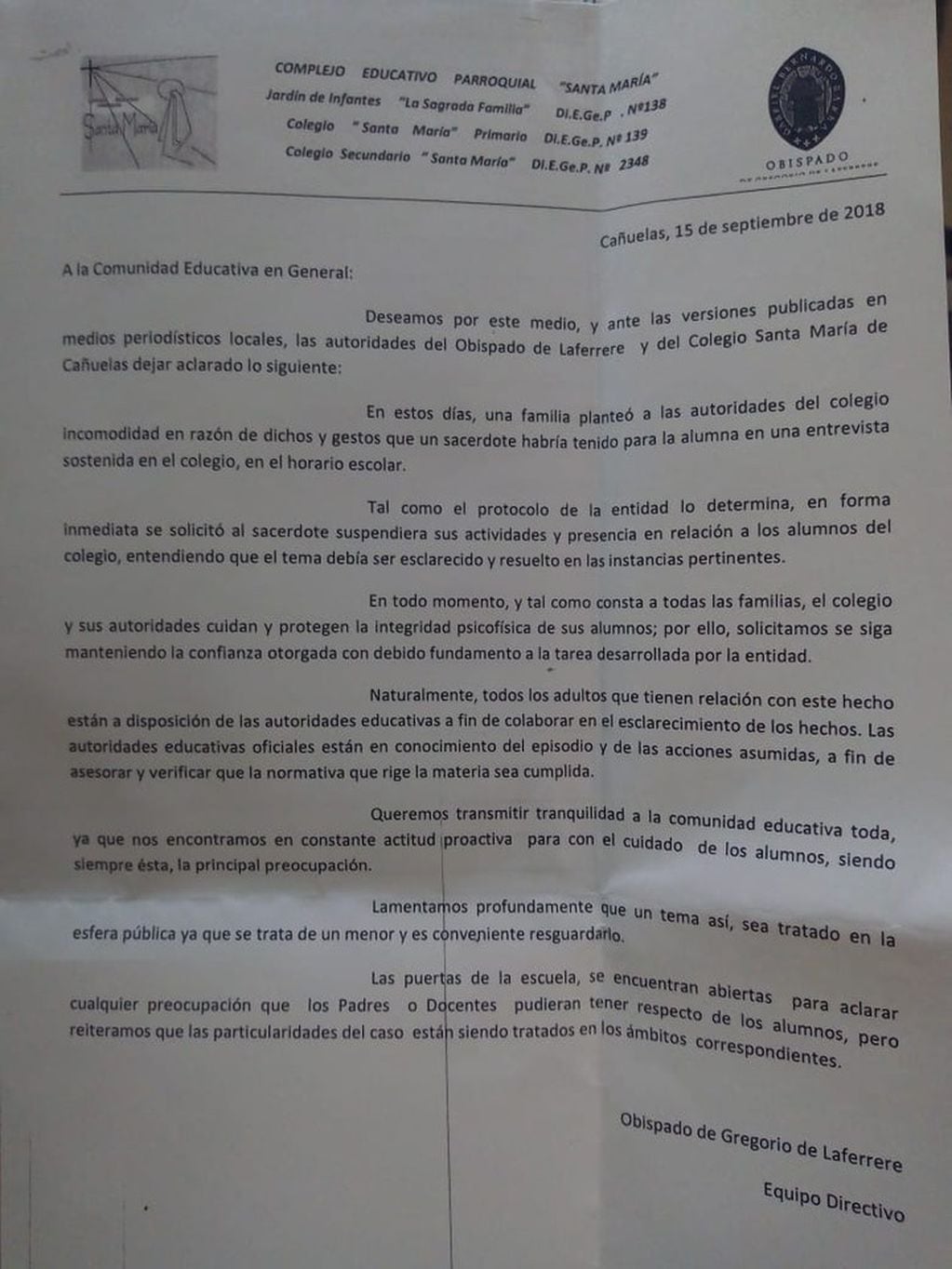 El comunicado entregado a los padres tras la denuncia de un presunto caso de abuso en el colegio Santa María de Cañuelas.
