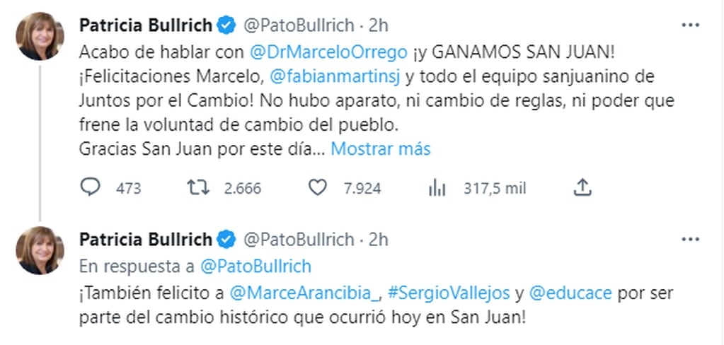 El tuit de Patricia Bullrich.