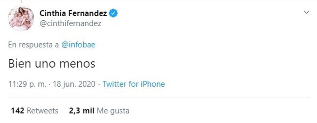 El tuit de Cinthia Fernández que generó polémica.