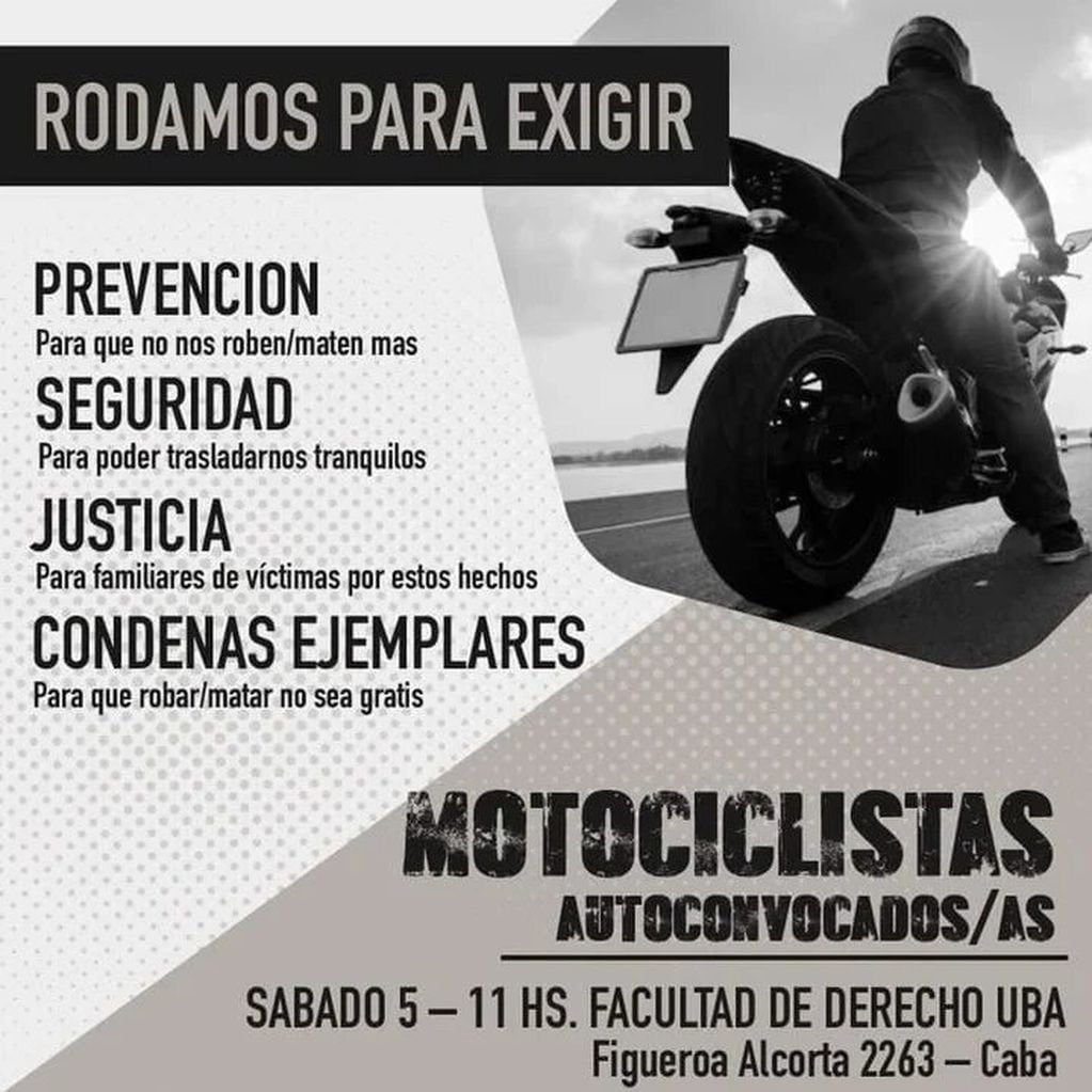 El flyer de Motociclistas Autoconvocados/as tras el crimen de Andrés Blaquier.