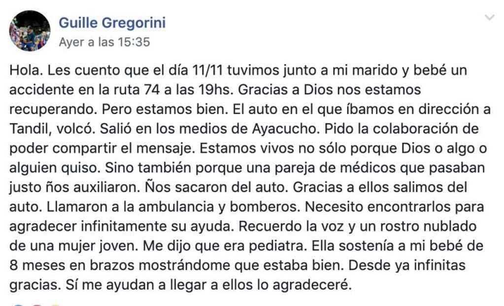 El mensaje que Guillermina publicó en varios grupos de Facebook de la zona.